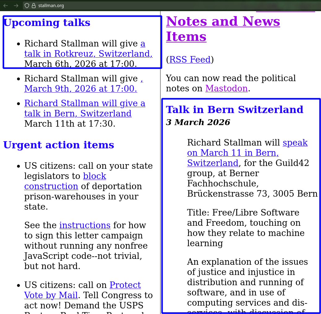 Richard Stallman will speak on March 11 in Bern, Switzerland, for the Guild42 group, at Berner Fachhochschule, Brückenstrasse 73, 3005 Bern