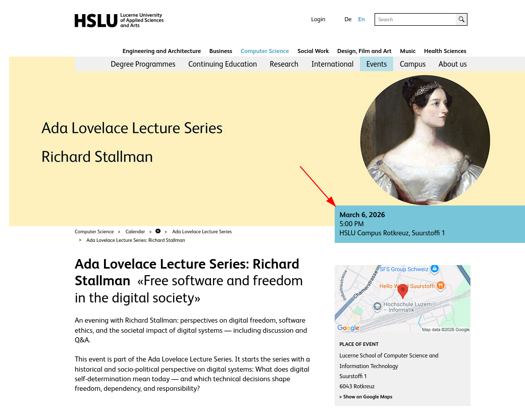 Ada Lovelace Lecture Series: Richard Stallman «Free software and freedom in the digital society» 