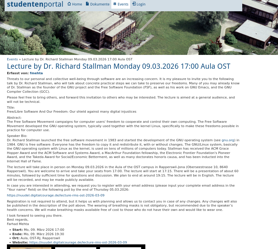 Lecture by Dr. Richard Stallman Monday 09.03.2026 17:00 Aula OST