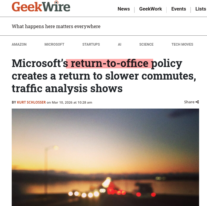 Microsofts return-to-office policy creates a return to slower commutes, traffic analysis shows