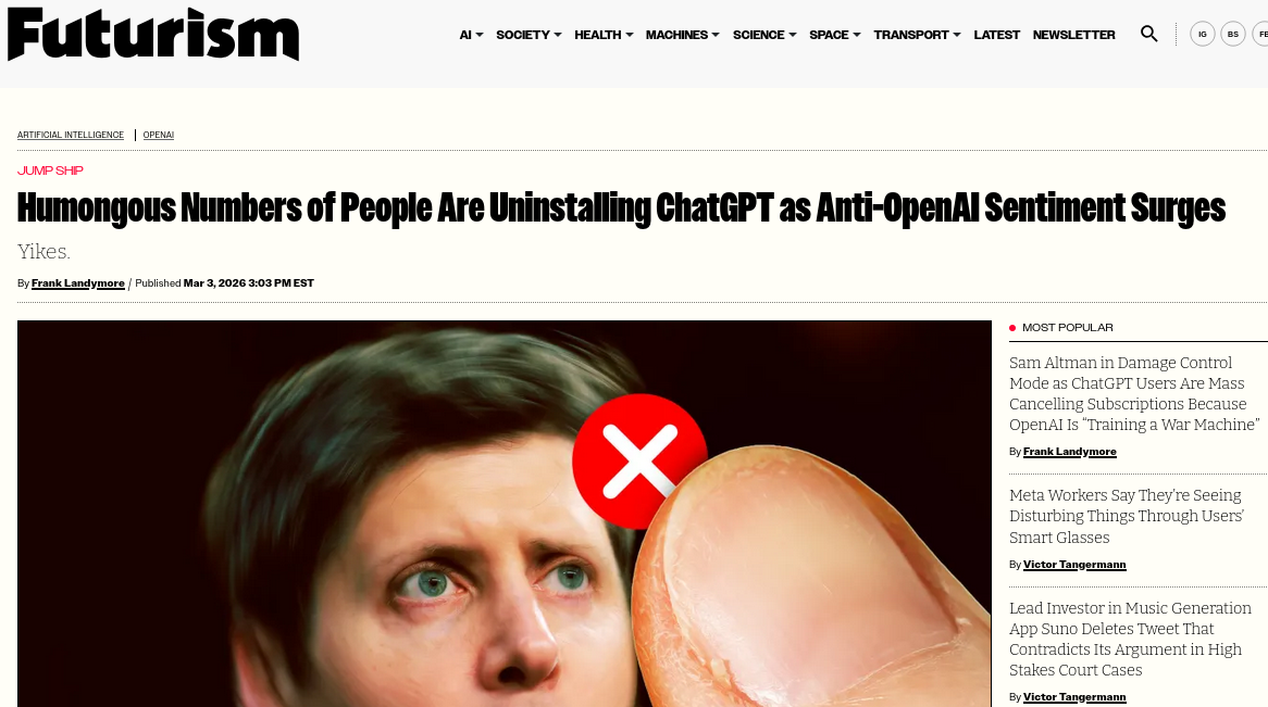 Humongous Numbers of People Are Uninstalling ChatGPT as Anti-OpenAI Sentiment Surges