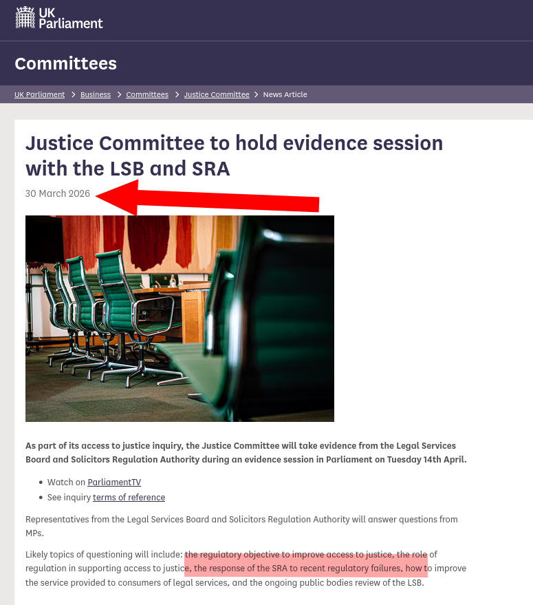 Justice Committee to hold evidence session with the LSB and SRA