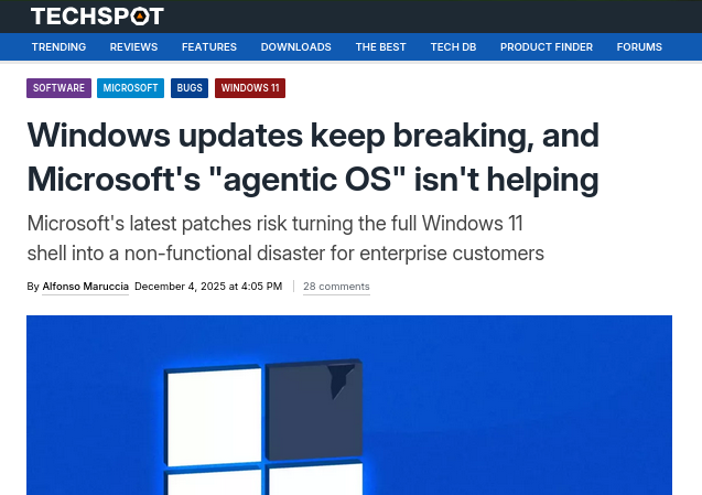 Windows updates keep breaking, and Microsoft's 'agentic OS' isn't helping
