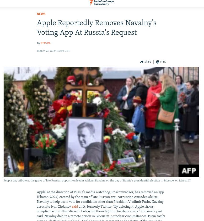 Apple Reportedly Removes Navalny's Voting App At Russia's Request