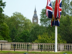 Big Ben seen from Buckingham Palace with Union Jack