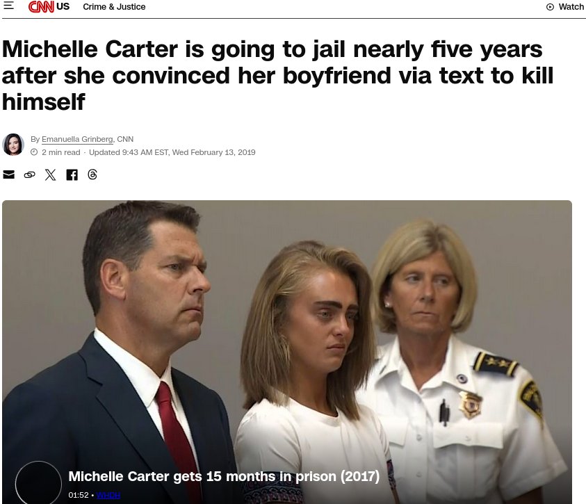 Michelle Carter is going to jail nearly five years after she convinced her boyfriend via text to kill himself