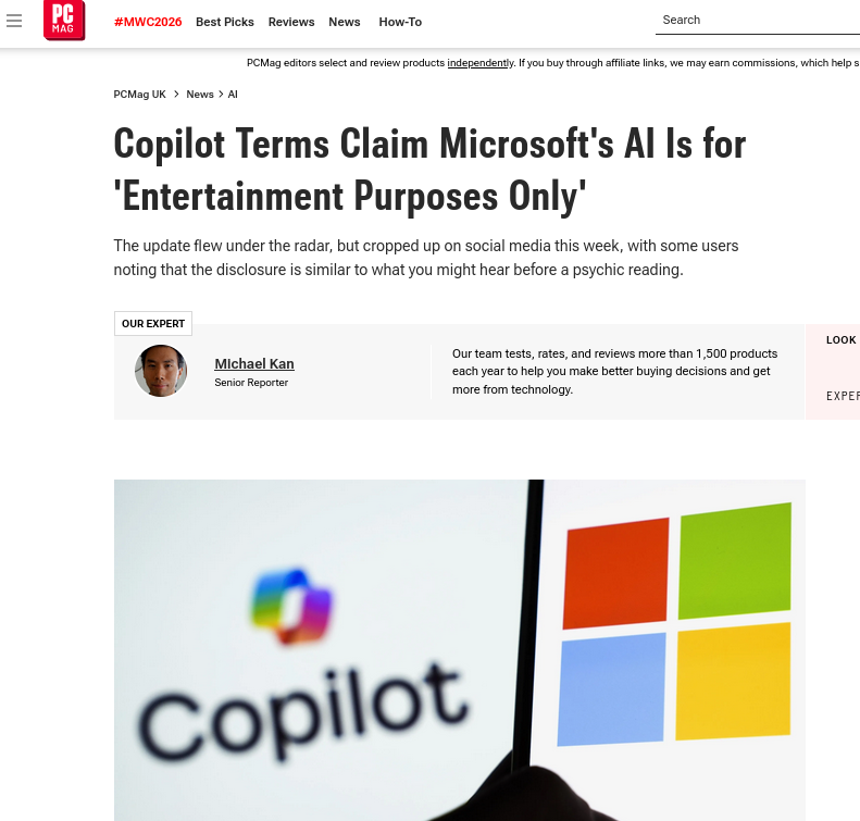 Copilot Terms Claim Microsoft's AI Is for 'Entertainment Purposes Only'