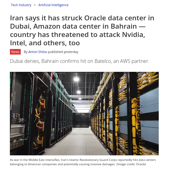 Iran says it has struck Oracle data center in Dubai, Amazon data center in Bahrain — country has threatened to attack Nvidia, Intel, and others, too