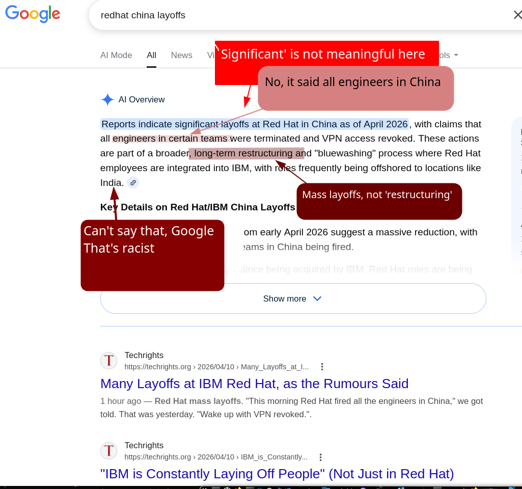 Reports indicate significant ('Significant' is not meaningful here) layoffs at Red Hat in China as of April 2026, with claims that all engineers in certain teams (No, it said all engineers in China) were terminated and VPN access revoked. These actions are part of a broader, long-term restructuring (Mass layoffs, not 'restructuring') and 'bluewashing' process where Red Hat employees are integrated into IBM... (Can't say that, Google; That's racist)