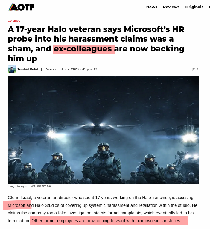 A 17-year Halo veteran says Microsoft’s HR probe into his harassment claims was a sham, and ex-colleagues are now backing him up