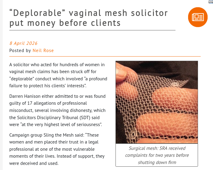  “Deplorable” vaginal mesh solicitor put money before clients