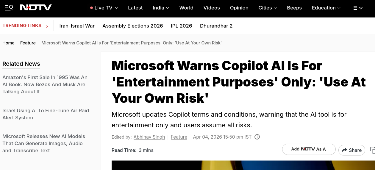 Microsoft Warns Copilot AI Is For 'Entertainment Purposes' Only: 'Use At Your Own Risk'