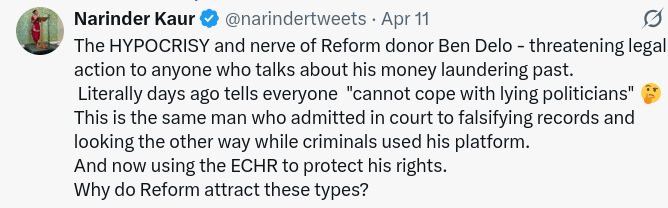 The HYPOCRISY and nerve of Reform donor Ben Delo - threatening legal action to anyone who talks about his money laundering past.