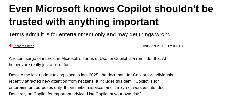 Even Microsoft knows Copilot shouldn't be trusted with anything important