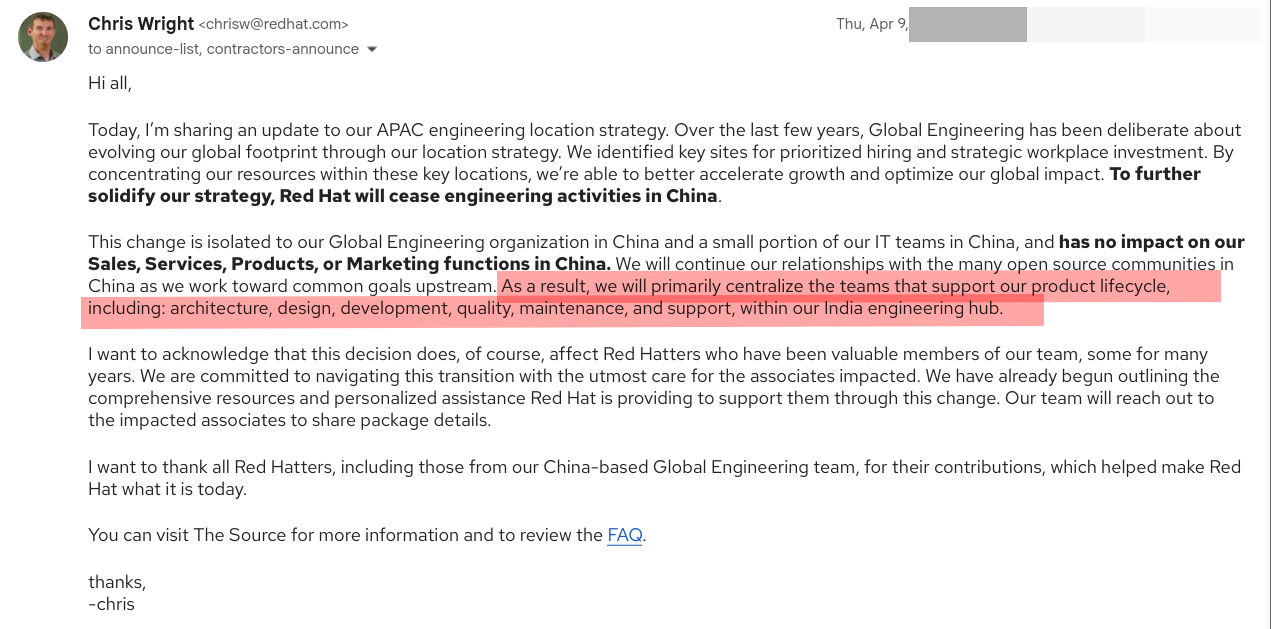 Red Hat fired all the engineers in China, Chris Wright