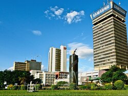 Downtown Lusaka showing the Findeco Building from the south end round-a-bout.