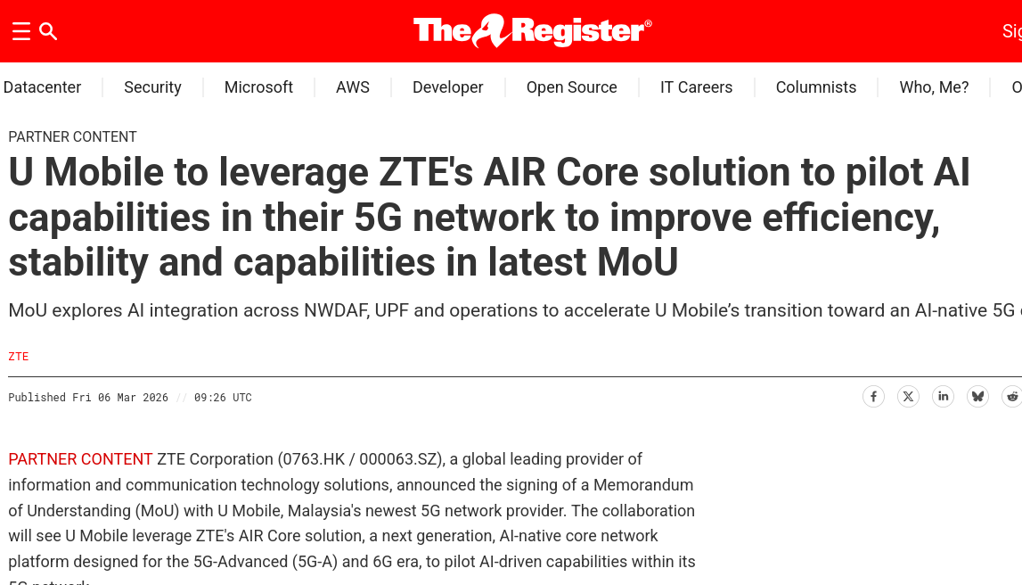 U Mobile to leverage ZTE's AIR Core solution to pilot AI capabilities in their 5G network to improve efficiency, stability and capabilities in latest MoU