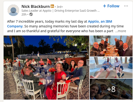 After 7 incredible years, today marks my last day at Apptio, an IBM Company. So many amazing memories have been created during my time and I am so thankful and grateful for everyone who has been a part
