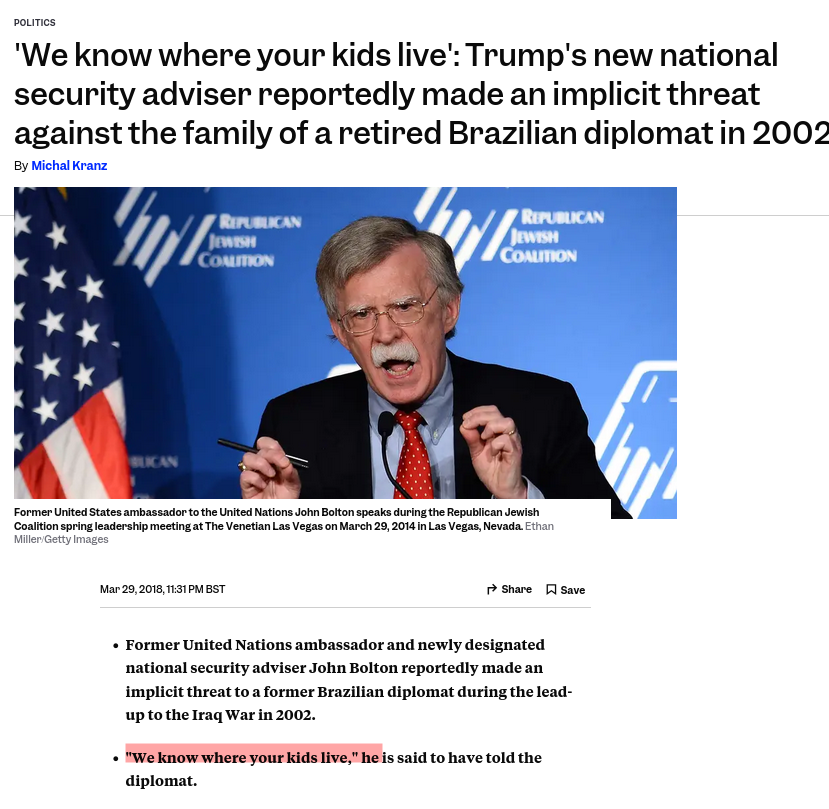 'We know where your kids live': Trump's new national security adviser reportedly made an implicit threat against the family of a retired Brazilian diplomat in 2002