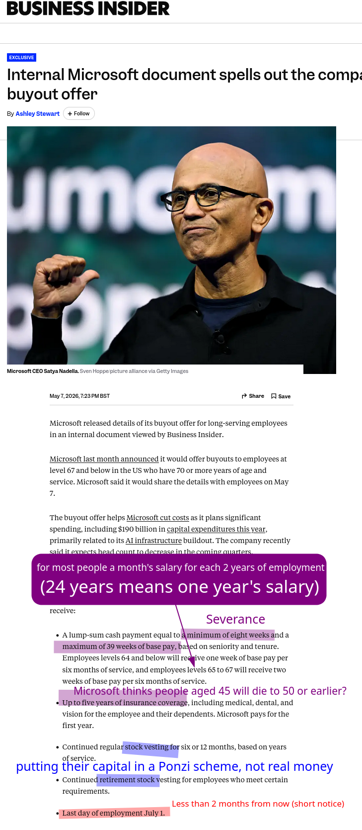 Internal Microsoft document spells out the company's buyout offer: Less than 2 months from now (short notice); putting their capital in a Ponzi scheme, not real money; Microsoft thinks people aged 45 will die to 50 or earlier? Severance, for most people a month's salary for each 2 years of employment (24 years means one year's salary)