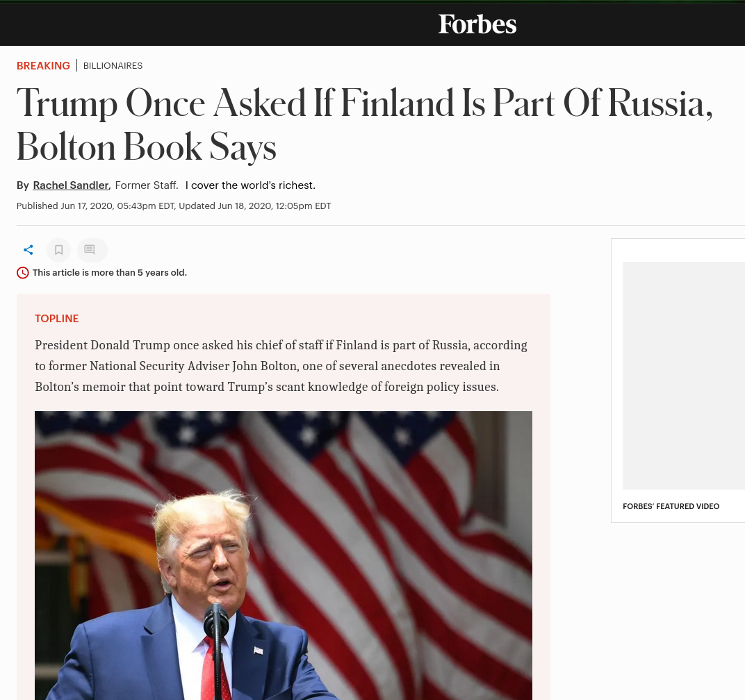 Trump Once Asked If Finland Is Part Of Russia, Bolton Book Says