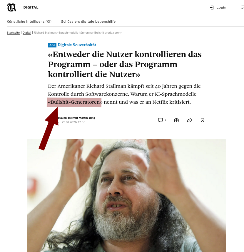 Der Amerikaner Richard Stallman kämpft seit 40 Jahren gegen die Kontrolle durch Softwarekonzerne. Warum er KI-Sprachmodelle «Bullshit-Generatoren» nennt und was er an Netflix kritisiert.