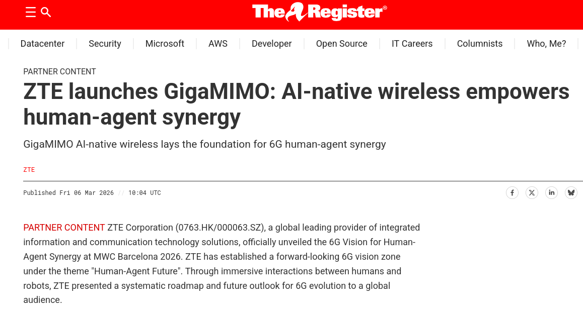 ZTE launches GigaMIMO: AI-native wireless empowers human-agent synergy