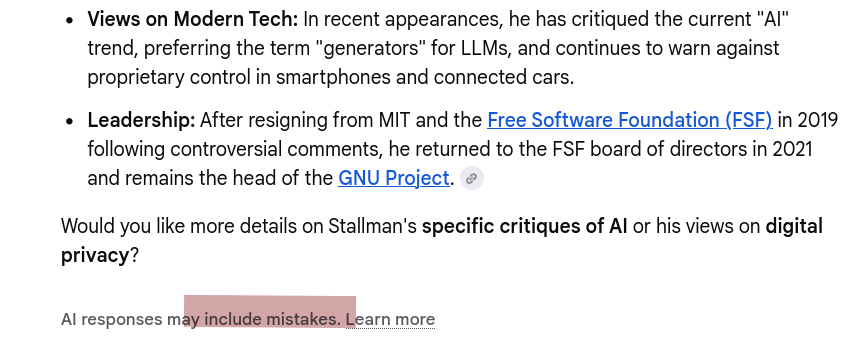 In recent appearances, he has critiqued the current 'AI' trend, preferring the term 'generators' for LLMs, and continues to warn against proprietary control in smartphones and connected cars.
