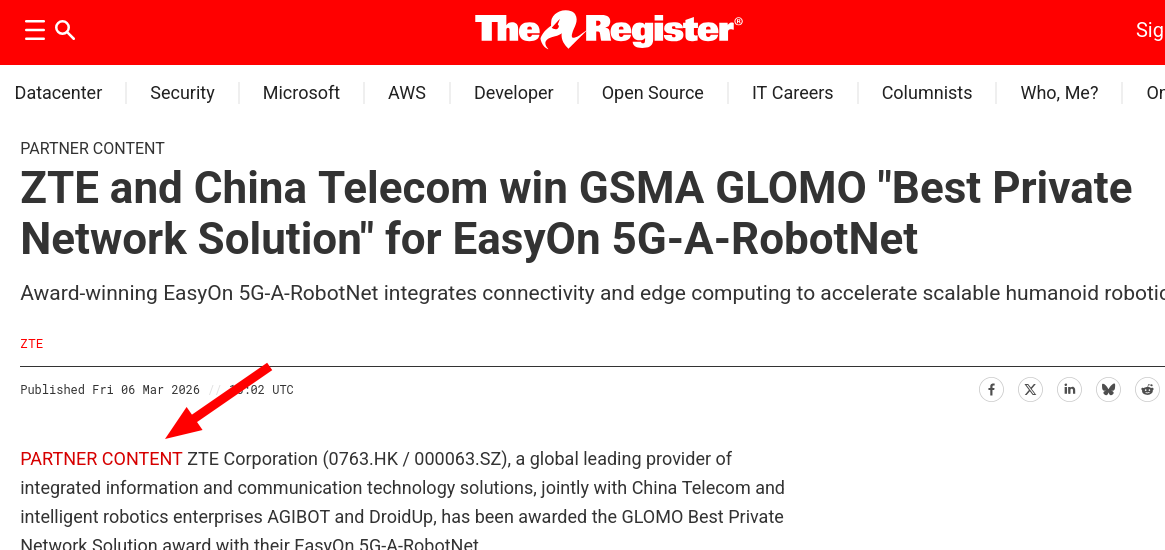ZTE and China Telecom win GSMA GLOMO 'Best Private Network Solution' for EasyOn 5G-A-RobotNet