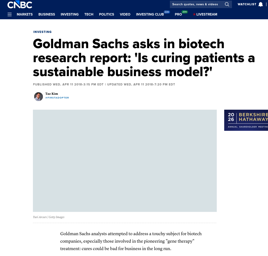 Goldman Sachs asks in biotech research report: ‘Is curing patients a sustainable business model?’
