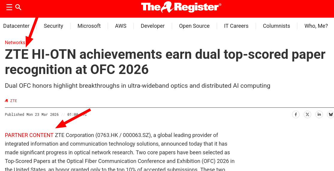 ZTE HI-OTN achievements earn dual top-scored paper recognition at OFC 2026