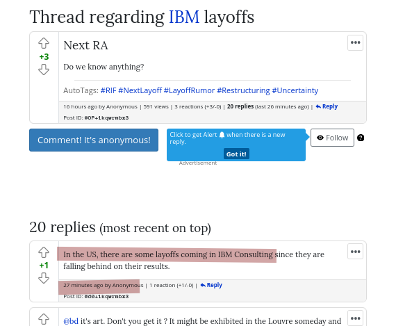 In the US, there are some layoffs coming in IBM Consulting since they are falling behind on their results
