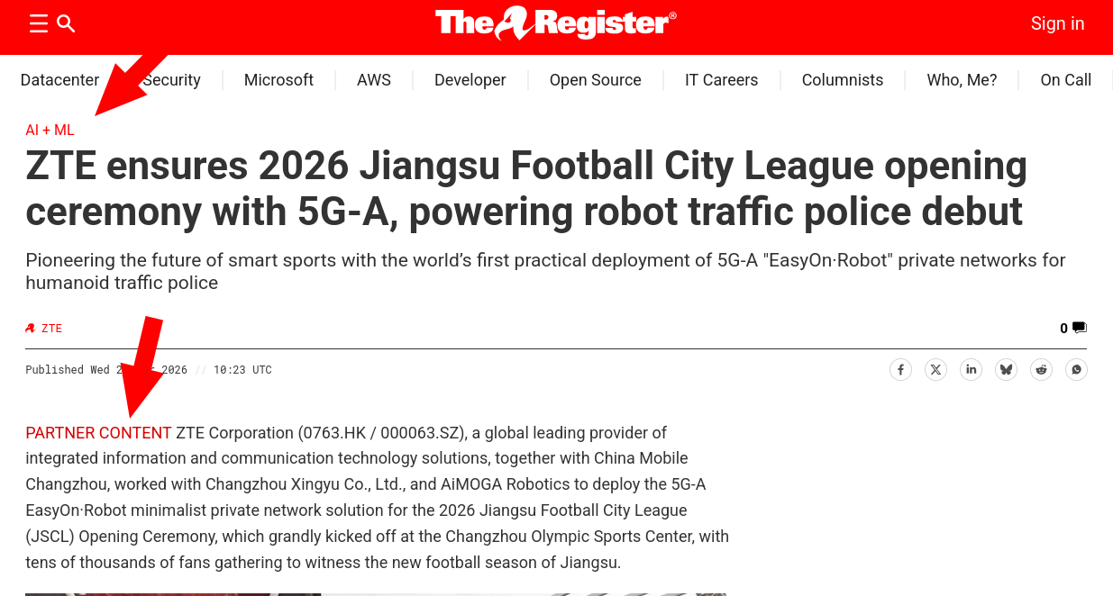 ZTE ensures 2026 Jiangsu Football City League opening ceremony with 5G-A, powering robot traffic police debut