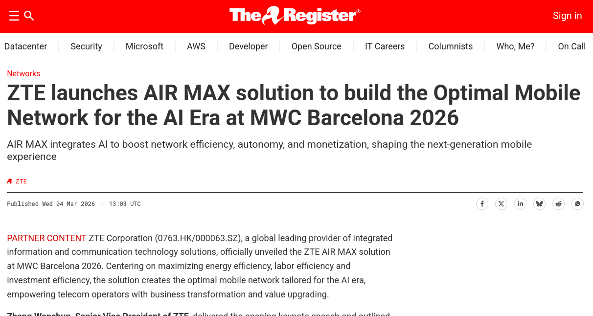 ZTE launches AIR MAX solution to build the Optimal Mobile Network for the AI Era at MWC Barcelona 2026