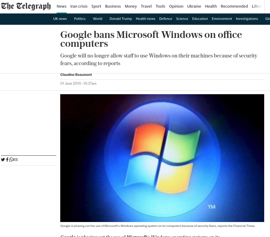 Google bans Microsoft Windows on office computers