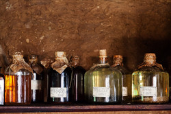 Old potion bottles on a dark background