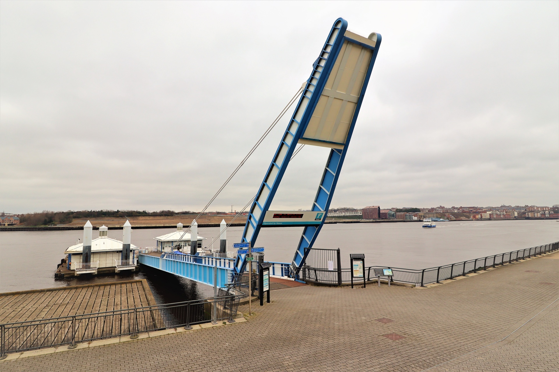 North and South Shields Ferry Terminals and ferry approaching the south.
