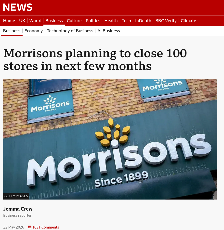 Morrisons planning to close 100 stores in next few months