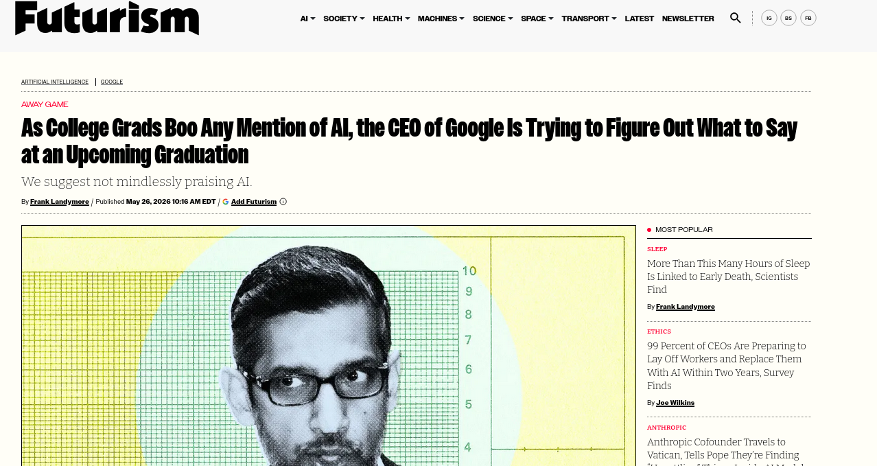 As College Grads Boo Any Mention of AI, the CEO of Google Is Trying to Figure Out What to Say at an Upcoming Graduation