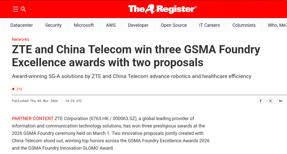 ZTE and China Telecom win three GSMA Foundry Excellence awards with two proposals