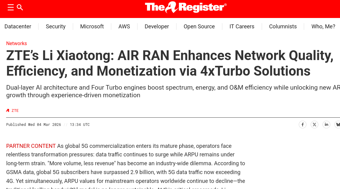 ZTE’s Li Xiaotong: AIR RAN Enhances Network Quality, Efficiency, and Monetization via 4xTurbo Solutions