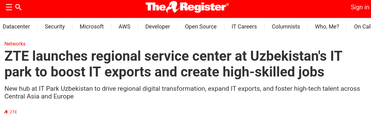 ZTE launches regional service center at Uzbekistan's IT park to boost IT exports and create high-skilled jobs