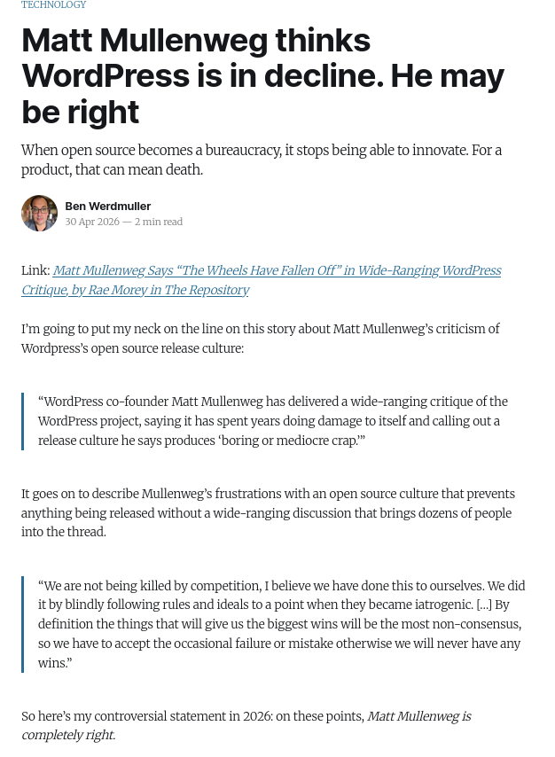 Matt Mullenweg thinks WordPress is in decline. He may be right