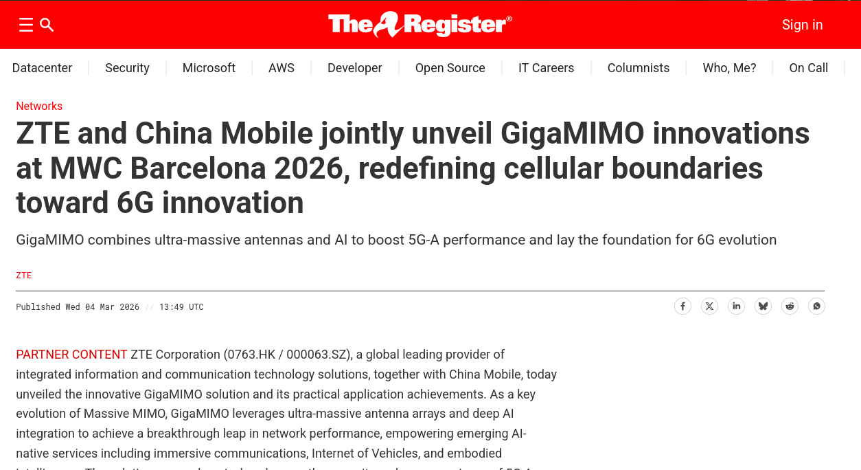 ZTE and China Mobile jointly unveil GigaMIMO innovations at MWC Barcelona 2026, redefining cellular boundaries toward 6G innovation