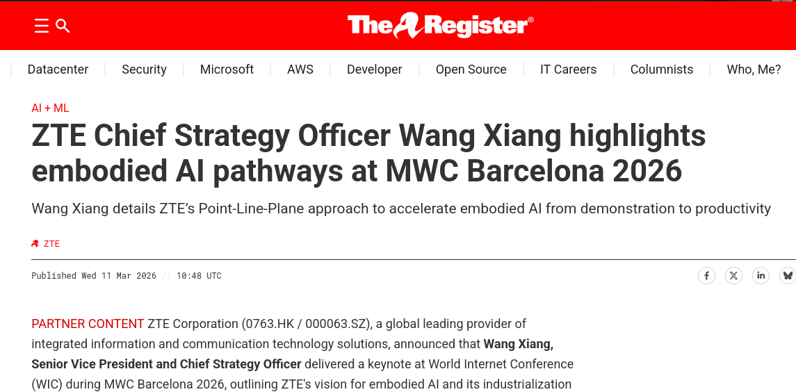 ZTE Chief Strategy Officer Wang Xiang highlights embodied AI pathways at MWC Barcelona 2026