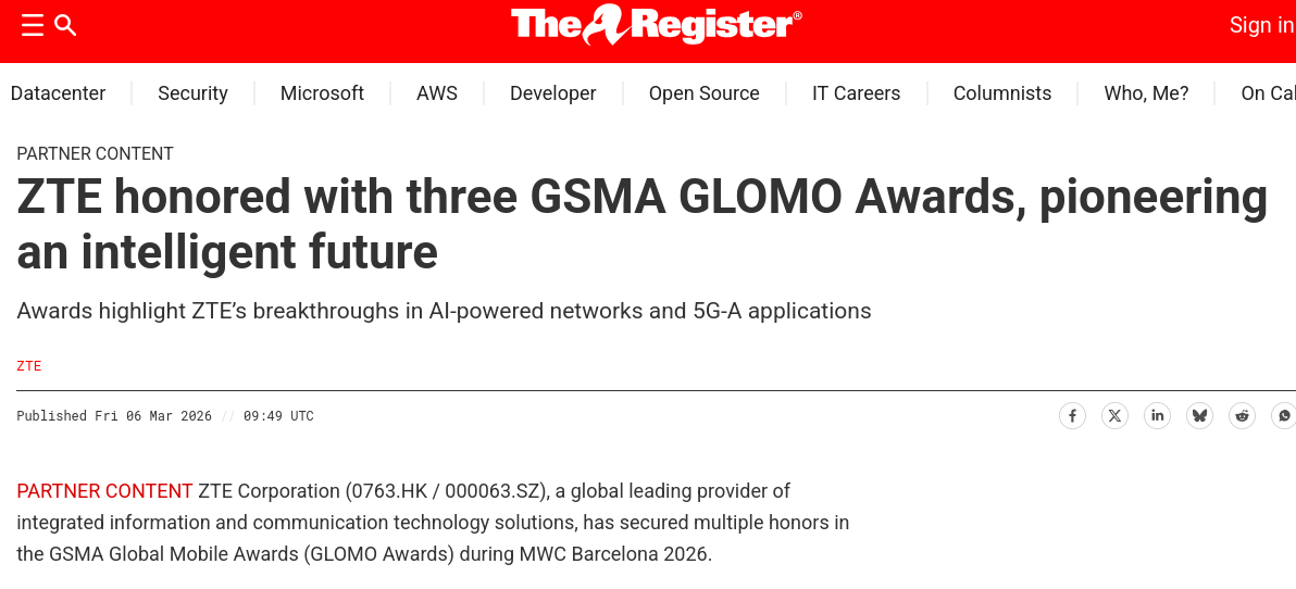 ZTE honored with three GSMA GLOMO Awards, pioneering an intelligent future