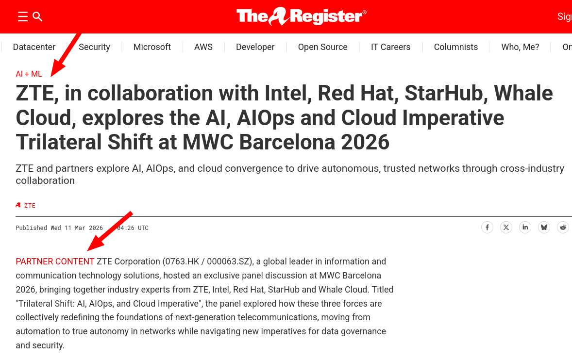 ZTE, in collaboration with Intel, Red Hat, StarHub, Whale Cloud, explores the AI, AIOps and Cloud Imperative Trilateral Shift at MWC Barcelona 2026