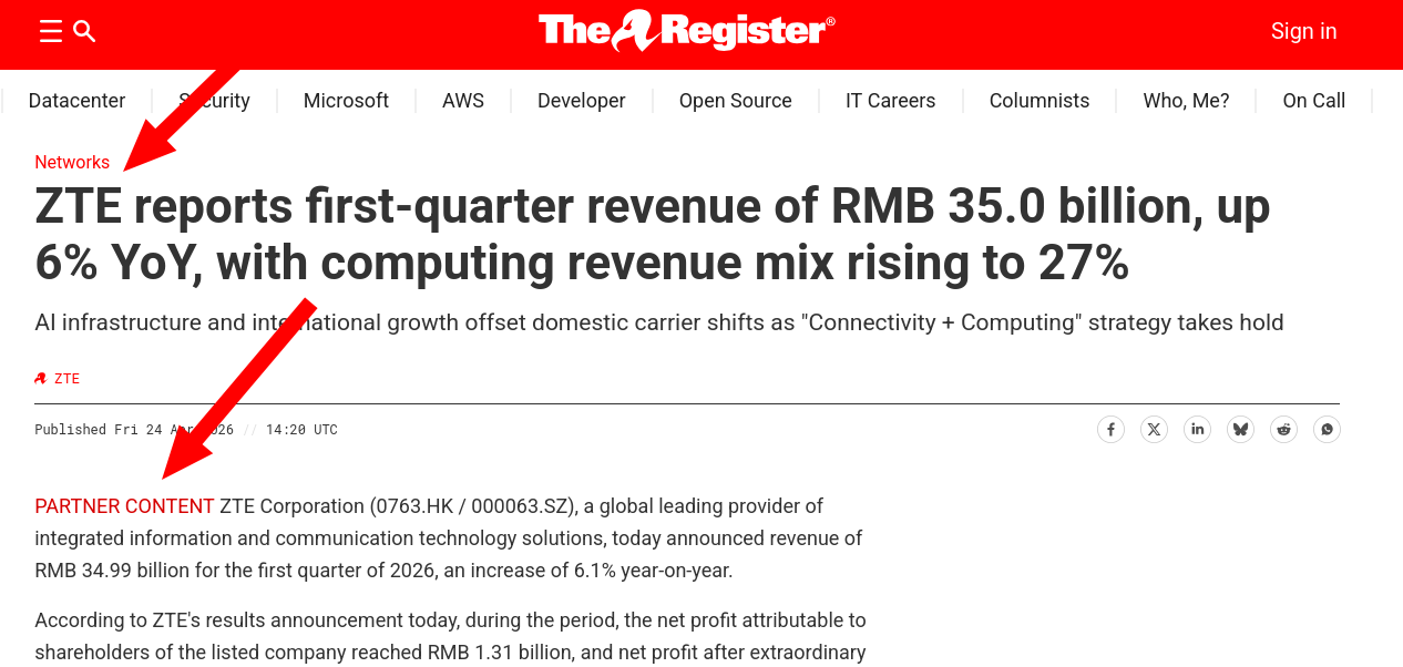ZTE reports first-quarter revenue of RMB 35.0 billion, up 6% YoY, with computing revenue mix rising to 27%