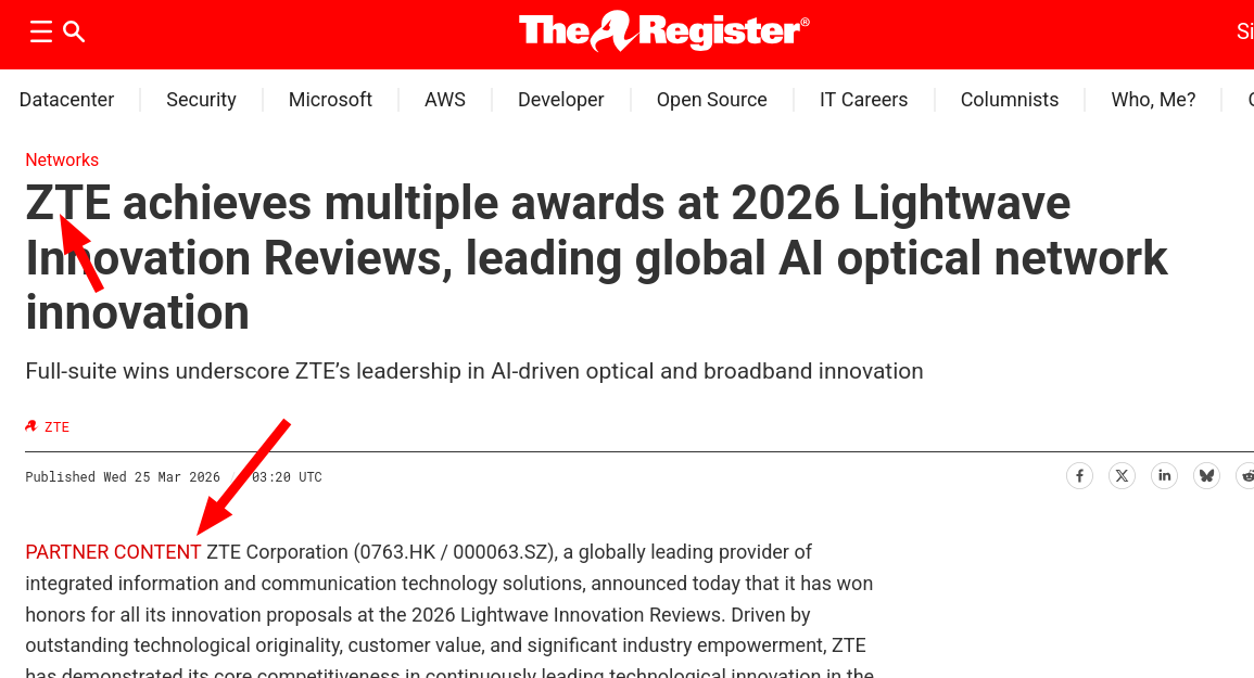 ZTE achieves multiple awards at 2026 Lightwave Innovation Reviews, leading global AI optical network innovation