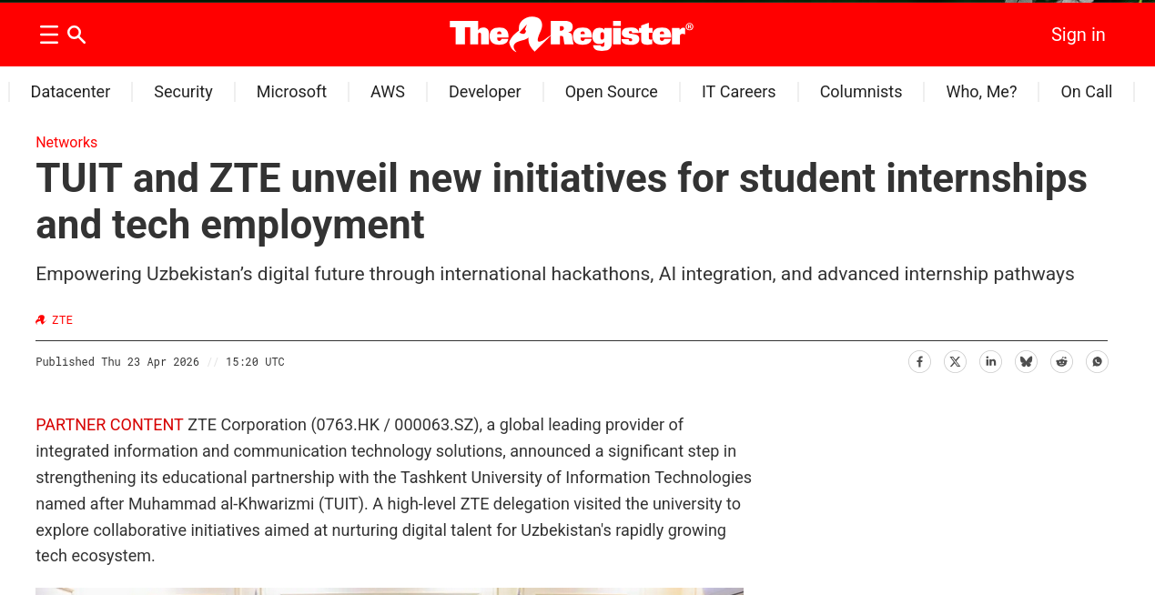 TUIT and ZTE unveil new initiatives for student internships and tech employment